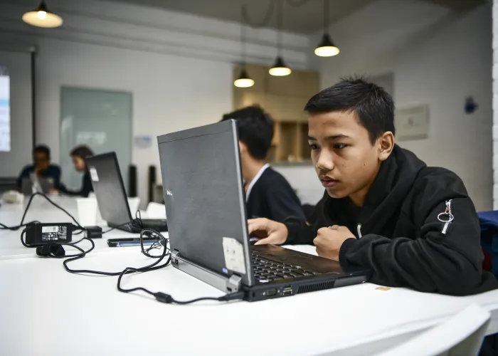 Faizal, 14, attended a computer programming training with Markoding in the Wimo building, South Jakarta, Indonesia on 8 February, 2020.